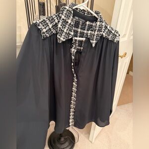 Zara Black and White Tweed Collar Blouse